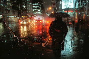City street seen through a rain-covered car window at night, AI-generated.