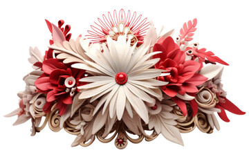 A bouquet of flowers with a red and white center. The flowers are made of paper and are arranged in a way that makes them look like they are real. The bouquet is very colorful and has a happy