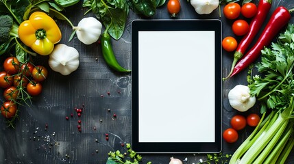 With a mockup white screen, the tablet offers versatility for various digital presentations or applications related to food, cooking, or nutrition.