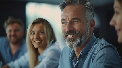 Fototapeta premium Office colleagues having casual discussion during meeting in conference room Group of men and women sitting in conference room and smiling, epic editorial
