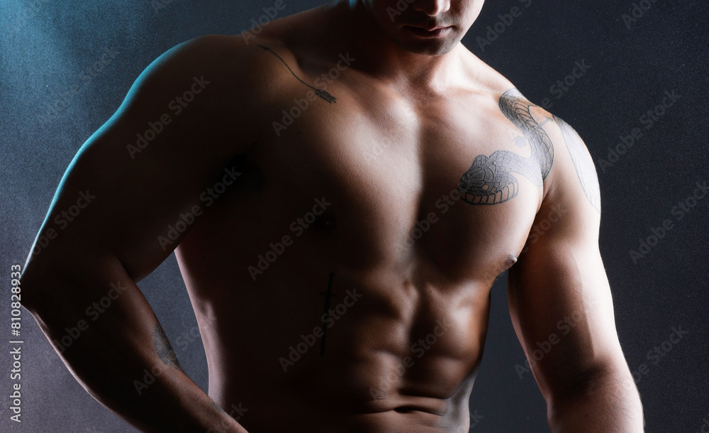 Canvas Prints Man, body and fitness abs in studio for wellness or bodybuilder, strong and dark for power or strength. Person, six pack and stomach with muscle, isolated and black background for aesthetic shadow.