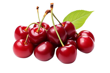 A bunch of red cherries with green leaves on top. The cherries are ripe and ready to eat