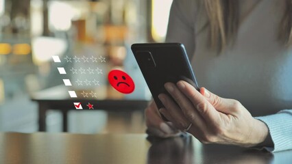 review online,discontent female at the cafe giving bad rating using smartphone application virtual screen,woman customer gives negative one star feedback at coffee shop,client dissatisfaction