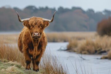 A majestic Highland cow with long horns stands in a grassy field with trees and a river in the background