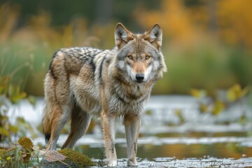 A captivating gray wolf standing at the edge of a forest lake surrounded by autumn foliage