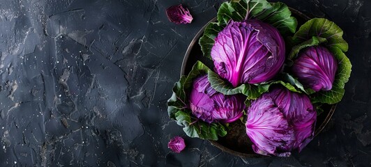 Purple cabbage. Fresh cabbage on a metal tray. View from above. Against a background of black stone