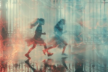Ethereal figures of runners in motion blurred against a ghostly, surreal cityscape creating a haunting vibe