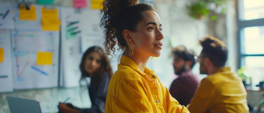 A group of multiethnic people meeting in an office. Young White Female CEO pitching Startup Idea and answering questions to potential investors. Brainstorming Concept.