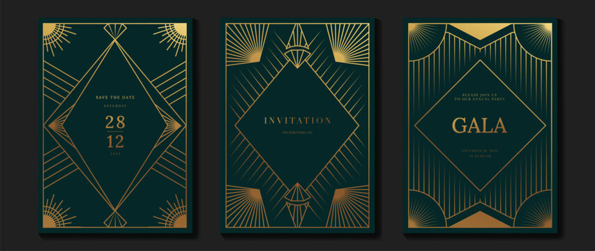 Art deco invitation card background vector. Elegant classic antique design, gold frame gradient on green background. Premium design illustration for gala, grand opening, wedding, gatsby invite.