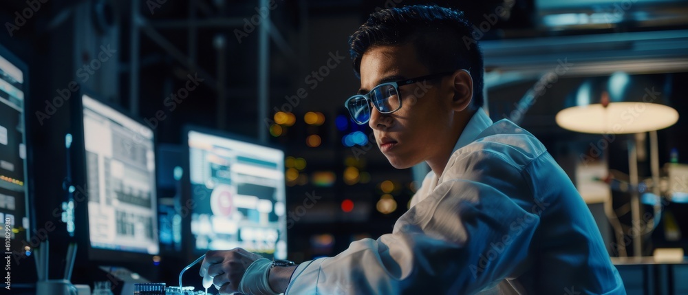 Poster an industrial engineer developing a 3d model of a circuit motherboard in a factory using cad softwar