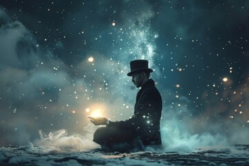 Obraz premium Magician performs spellbinding tricks on stage, captivating audience with mystique and wonder.