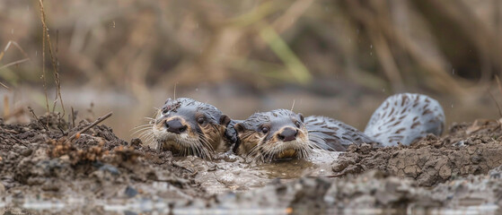 Otters joyfully slide down muddy riverbanks, playing in the water and enjoying the moment.