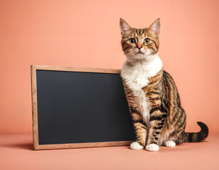 Cat with brown, black and white fur sitting next to a blank blackboard with a wooden frame. Plain light pink background. Cat is looking at the viewer. Blank blackboard with copy space. 