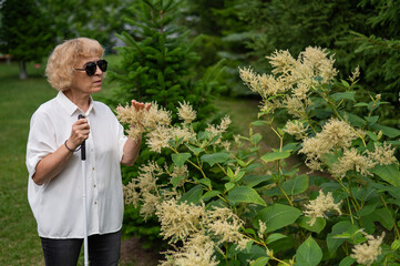 An elderly blind woman smells a flowering shrub while walking in the park.