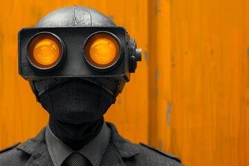 A person stands in front of an orange background wearing a vintage-looking diving helmet with illuminated orange lenses and a black mask - Powered by Adobe