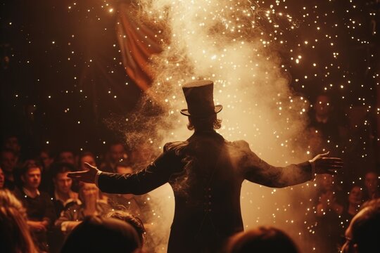 Magician performs spellbinding tricks on stage, captivating audience with mystique and wonder.