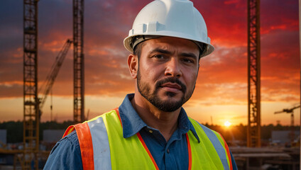Portrait of a construction worker with a construction site in the background - obrazy, fototapety, plakaty