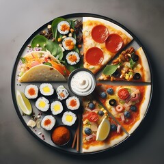 AI generated illustration of a plate with pizza, sushi, and and sauce - obrazy, fototapety, plakaty