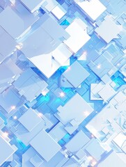 Abstract geometric white bright 3D textured wall with squares and square cubes background banner illustration with blue glowing lights, textured wallpaper，Abstract Geometric White Bright 3D Texture 