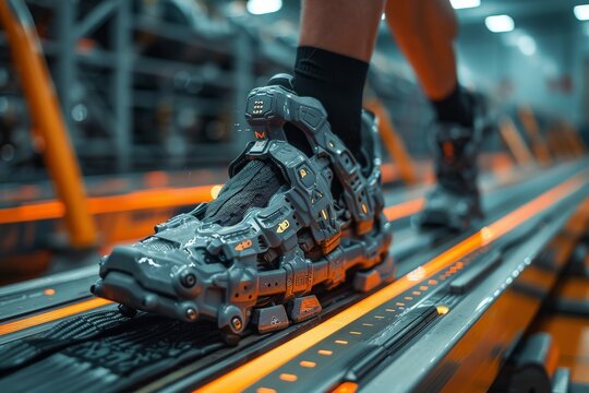 Image of advanced exoskeleton boots on a treadmill, highlighting the concept of enhanced performance - Powered by Adobe