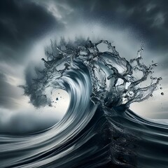 AI generated illustration of stormy waves crashing on the shore under ominous clouds