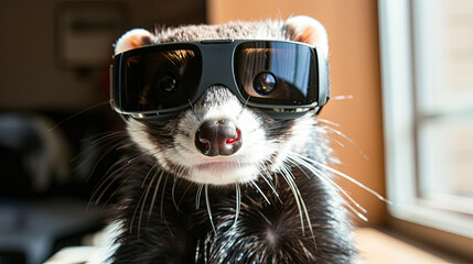ferret with vision virtual reality sunglass solid background - obrazy, fototapety, plakaty