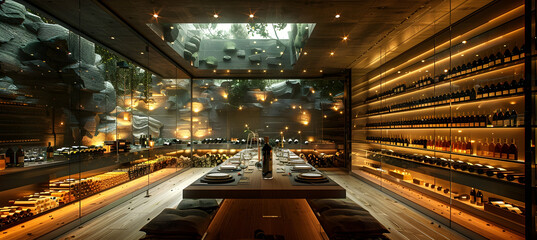 Sophisticated wine cellar with glass wall, backlit shelves, and tasting table