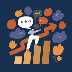 Cartoon vector illustration of Successfully woman going from one education level to another. Girl steps up stairs of carrier or job over dark background