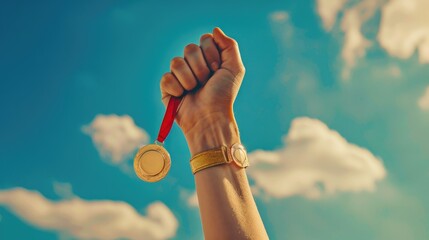 Hand holding gold medal against blue sky, suitable for sports or achievement concepts