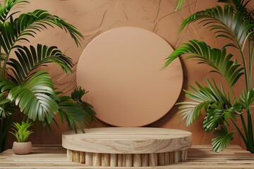 Tropical Palm Leaves Adorning a Product Display Podium - 3D Rendering - obrazy, fototapety, plakaty