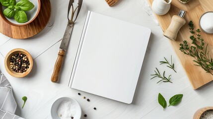 The minimalist-style kitchen table hosts a recipe book mockup, accompanied by a curated selection of kitchen utensils. Against a backdrop of clean lines and neutral tones, the mockup exudes simplicity