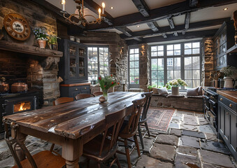 Spacious formal dining room featuring a long wooden table, high-backed chairs, and a statement chandelier