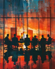 Silhouettes of business people in a conference room, pop art, retro, 2023 style trendy, artsy