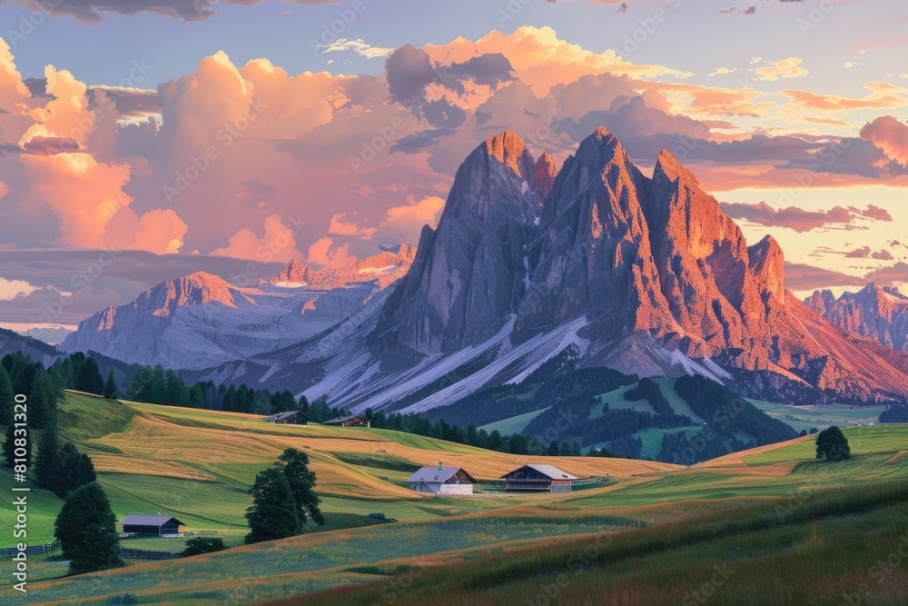 Poster scenic painting of a mountain range with a barn in the foreground. suitable for nature and landscape