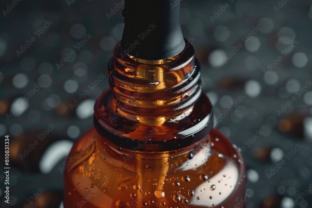 Poster a bottle of liquid on a table, suitable for various concepts