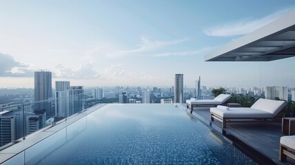 Fototapeta premium A stylish rooftop pool with infinity edges, sleek lounge chairs, and panoramic views of a modern skyline stretching out to the horizon.