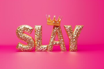 gold metallic standing 3d letters bedazzled with pink diamonds in shape of text "SLAY" pink solid color background, golden crown on top of letter