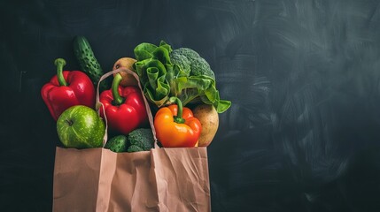 Against a stark black background, a selection of vibrant fruits and vegetables is neatly arranged in a paper bag, symbolizing the wholesome goodness of nature's bounty