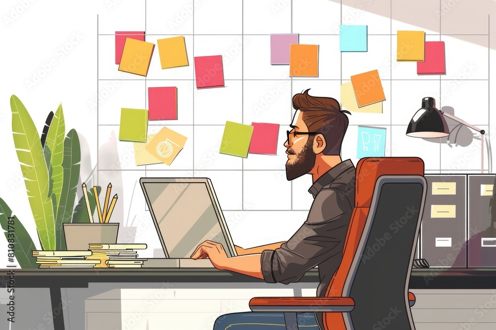 Poster a man sitting and working on a laptop. suitable for business and technology concepts