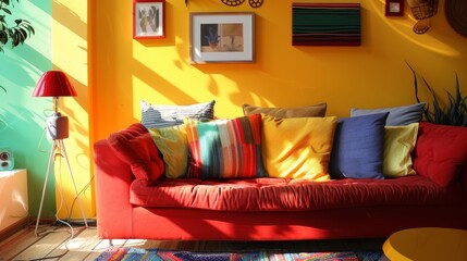 A colorful living room with a large painting on the wall and a colorful rug