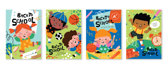Fototapeta premium Back to school cover vector set. Background design with children and education accessories element. Kids hand drawn flat design for poster, wallpaper, website and cover template. 