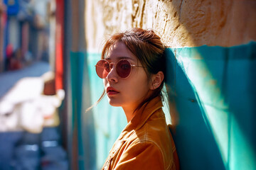 Contemplative young woman in trendy sunglasses and yellow jacket leans against an urban alley wall,...