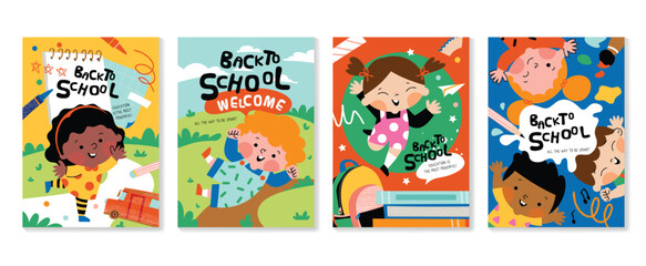 Back to school cover vector set. Background design with children and education accessories element. Kids hand drawn flat design for poster, wallpaper, website and cover template. 