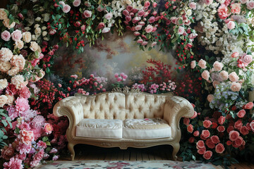 Blossoming Elegance: Sofa with Floral Abundance
Pink and White Roses and Peonies Adorn
 Gentle Design
A Soft, Romantic Interior Masterpiece