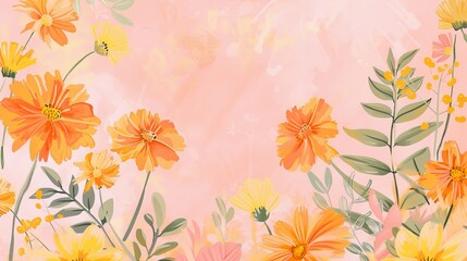 A pink background with a bunch of orange flowers - obrazy, fototapety, plakaty