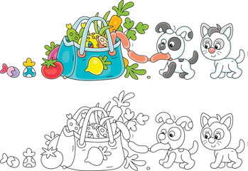 Funny little puppy and kitten gluttons filching very tasty sausages from a shopping bag with just purchased foods in a home kitchen, color and black–and-white vector cartoon illustrations