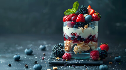 A bowl of creamy yogurt topped with a mix of fresh berries and granola, creating a sweet and healthy breakfast treat - Powered by Adobe