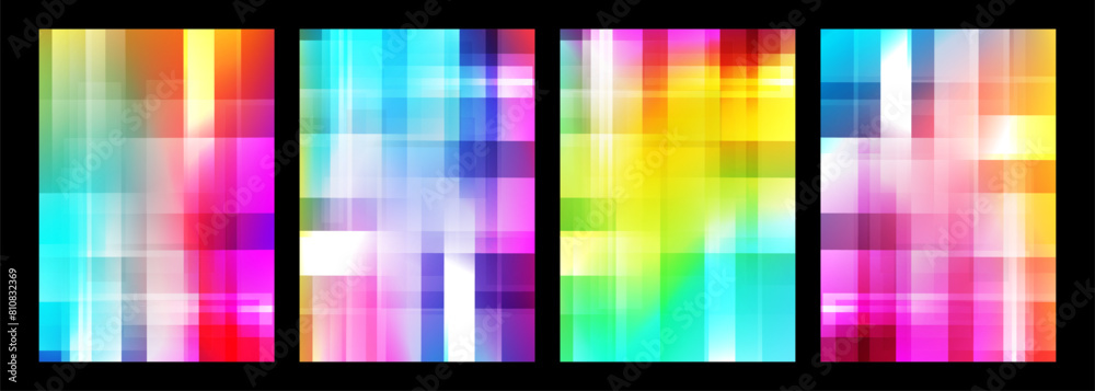 Poster Blurred bright colored abstract backgrounds with vertical and horizontal dynamic lines. Futuristic defocused vibrant color gradients for creative graphic design. Vector illustration.
