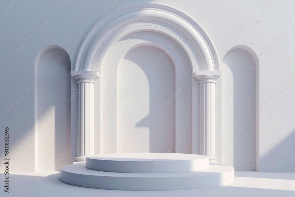 Poster a white podium with columns and arches in a room. perfect for showcasing products or presentations