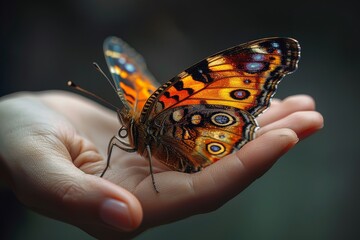 Close-up of a Painted Lady butterfly showcasing its detailed wings while perched delicately on a finger against a muted background